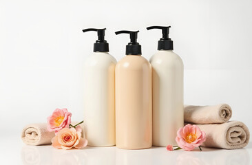 3 blank shampoo bottles of beige color with black dispenser on a white background with folded towels and fresh flowers