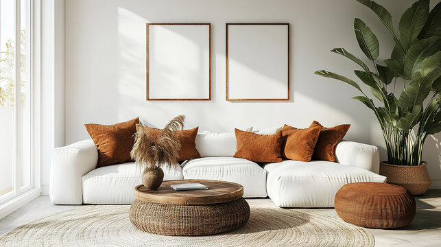 Sophisticated boho ethnic living room with rustic coffee table, white sofa, and brown accents