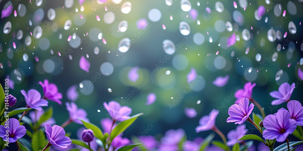 Wall mural violet rain - a soft rain of violets falling from the sky creating a whimsical and tranquil scene. b