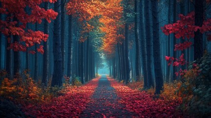 Fototapeta premium Misty autumn path through a vibrant red and orange forest.