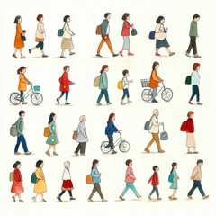 Collection of hand drawn people walking, cycling, and carrying bags, showcasing diverse styles and activities in vibrant urban setting