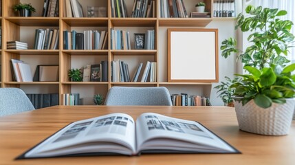 Interior with bookshelves, table, plant, open book and blank frame.