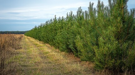 A row of trees is lined up in a field