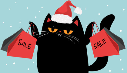 Cartoon characters black cat shopping, christmas sale. Kawaii black cat in santa hat with shopping bags. Discounts, winter sale. Online banner, flyer, card, coupon and other