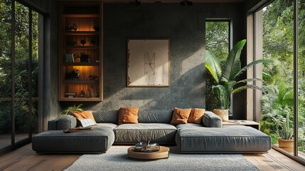 Fototapeta premium Refined modern living room with rustic charm and grey sofas creating a cozy ambiance