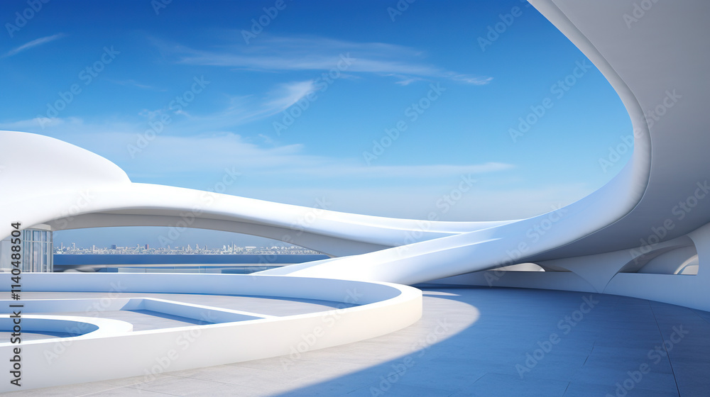 Poster Abstract architecture scene with smooth curves. Abstract background with futuristic building in white and blue colors.