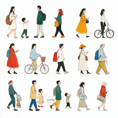 Fototapeta premium collection of hand drawn people walking, cycling, and interacting in various outfits and styles, showcasing urban life and diversity