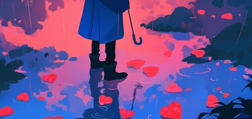 Love in the rain, animated woman with red hearts in glistening puddles
