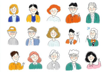 Cheerful collection of diverse hand drawn characters with various hairstyles and outfits, showcasing range of emotions and styles