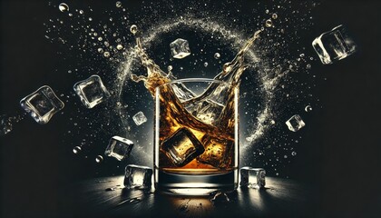 A glass of whiskey with splashing liquid and surrounding ice cubes, showcasing drink luxury and refreshment in an alcohol beverage at a bar for mixology