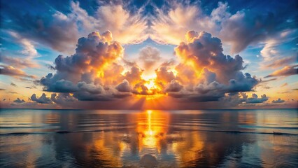 Sun rising behind stormy cloud over sea in symmetrical composition