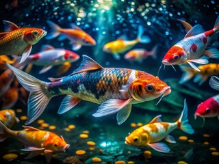 Fototapeta premium Low Light Koi Fish Pond Art, Night Koi Pond Photography, Artistic Koi Fish, Dark Koi Painting, Underwater Koi, Serene Koi Scene