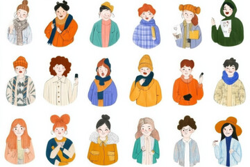 Fototapeta premium Diverse group of hand drawn characters in colorful outfits, showcasing various styles and expressions. Each character represents unique fashion and personality traits