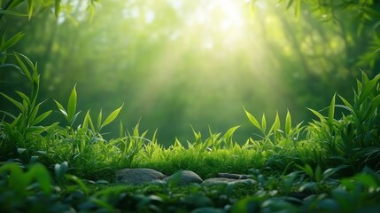 Fototapeta premium Sunbeams illuminate lush green forest floor.