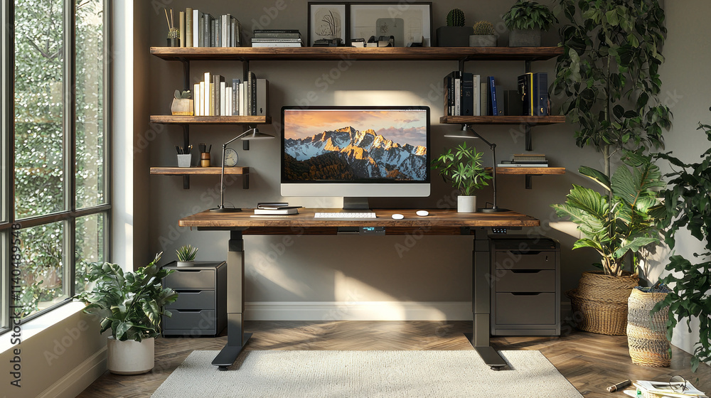 Poster a computer desk with a monitor and a keyboard