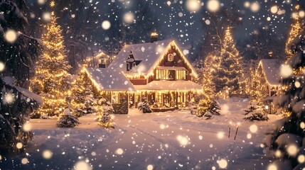 Fototapeta premium Winter Scene with Snowflakes and Glowing Christmas Lights