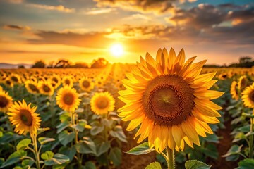 Fototapeta premium Sunflower field at sunset with golden light casting long shadows