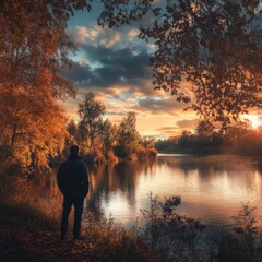 Fototapeta premium Man observes river with autumn beauty