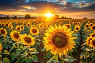 Obraz premium Sunflower field at sunset with golden light casting long shadows and illuminating petals