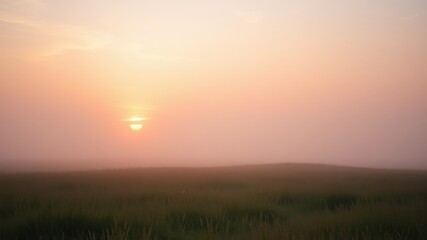 Serene Sunrise over Misty Grassland, a Peaceful Dawn