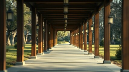 Fototapeta premium Serene walkway with wooden pillars and hanging lights leading to a tranquil garden scene