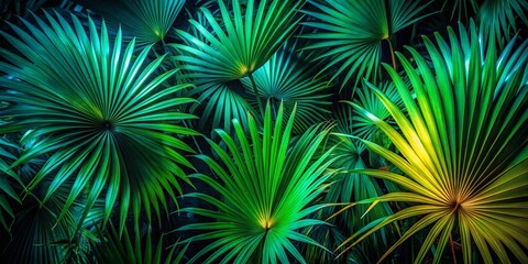 Obraz premium Low Light Palmetto Palm Fronds Photography - Nighttime Tropical Plants, Dark Green Leaves