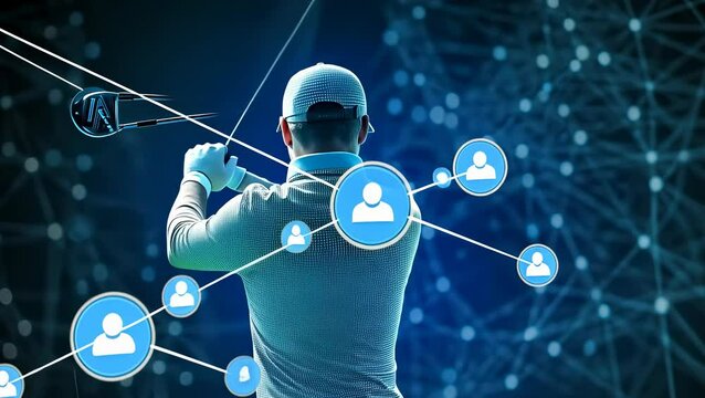 A man swings a golf club, highlighted by luminous blue lines suggesting digital connectivity. He wears casual sportswear in a dim setting, depicting high-tech sports training.