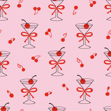 Seamless pattern with martini glass with red bow and cherries. Vector flat background of champagne in vintage style. Christmas, valentines day, birthday, holiday clipart