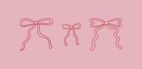 Abstract linear pink bows. Vector hand drawn outline illustration of holiday wavy ribbons. Coquette core aesthetic