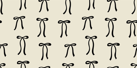 Seamless pattern with abstract black bows. Vector flat background with ribbon bowknot in retro style. Coquette and ballet core aesthetic