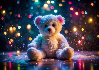 Low Light Photography: Colorful Teddy Bear, White Background, Dark Ambiance, Soft Lighting, Night Photography, Artistic Shot, Plush Toy