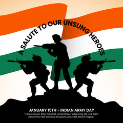 Indian Army Day background with silhouettes of soldiers and a flag