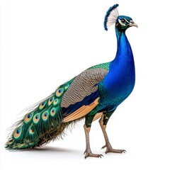 Obraz premium Colorful and Majestic Peacock with Stunning Feathers Displaying Vibrant Blue and Green Hues Against a Plain Background, Symbolizing Beauty and Nature’s Splendor