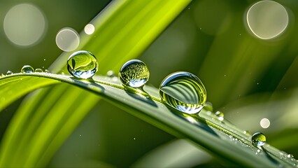 Beautiful drops of transparent rain water on a green leaf macro