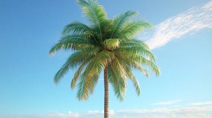 Lush green coconut palm tree against a clear blue sky.