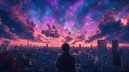 Fototapeta premium A young male, silhouetted against a vibrant cosmic sunset over a city skyline.