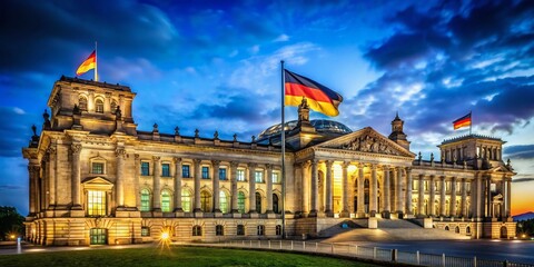Obraz premium Low Light Reichstag Bundestag Flag Berlin Photography: Night View German Parliament Building
