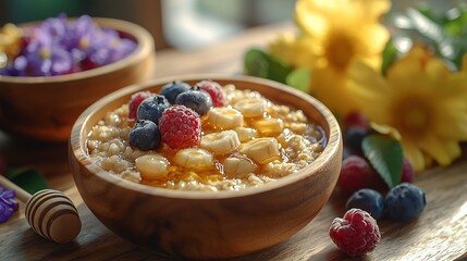 Cozy Breakfast Table with Healthy Wooden Bowls of Oatmeal Fresh Fruits and Natural Honey