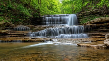 A serene waterfall cascades over rocky steps in a lush green forest.