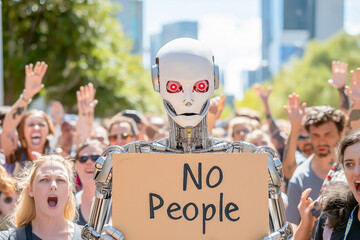 The robot holds a cardboard box with the inscription "NO people", the problem of the future