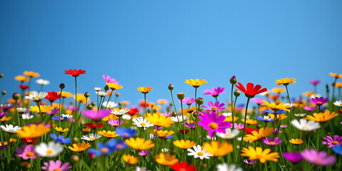 Wildflower Meadow - A colorful meadow of wildflowers in full bloom under a blue sky. backdrop background digital art crisp oilpinting minimalist sharp details funny background copyspace