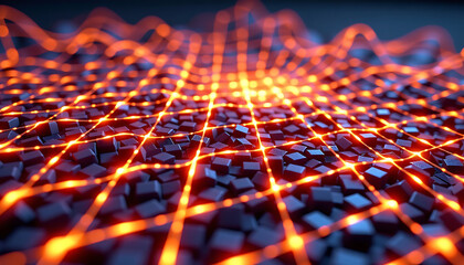 Energized Gridlines - A 3D grid glowing with fluctuating dynamic energy pulses. background copyspace