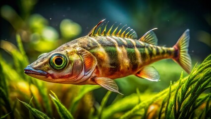 Fototapeta premium Low Light Stickleback Photography: Underwater Macro Images of Three-Spined Stickleback Fish