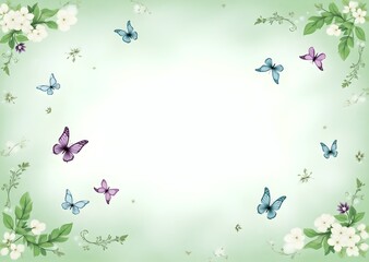 An abstract spring illustration background featuring soft pastel colors like light green, pink, yellow, and sky blue. Featuring  flowing organic shapes, delicate floral elements, leaves, and butterfly