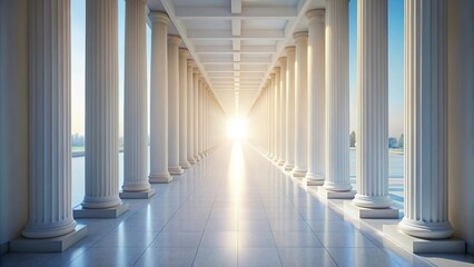 Sunlight shining through columns in white corridor