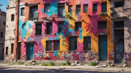 Naklejka premium Abandoned building with vibrant mural on crumbling facade , decay, stone walls