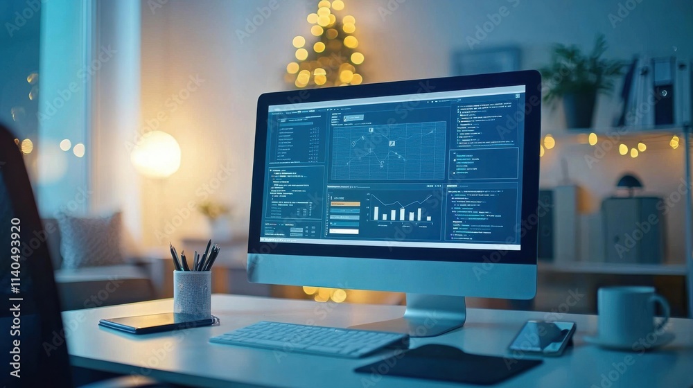 Poster modern computer setup with data visualization on screen, cozy evening atmosphere with ambient lights