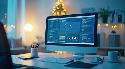 Modern Computer Setup with Data Visualization on Screen, Cozy Evening Atmosphere with Ambient Lights, Creative Workspace for Programming and Analysis