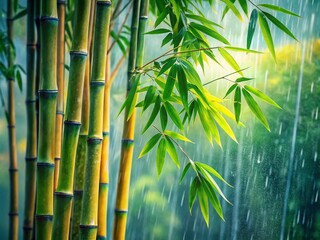 Fototapeta premium Low Light Watercolor Bamboo Rain - Artistic Digital Painting, Gentle Breeze, Swaying Stems