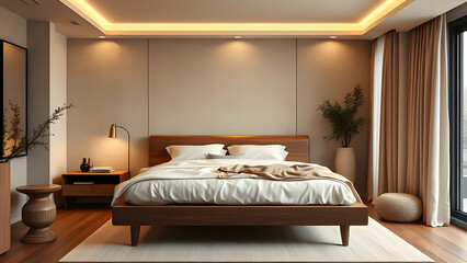 Modern bedroom in mocha mousse and ivory tones with a wooden bed frame, cozy atmosphere